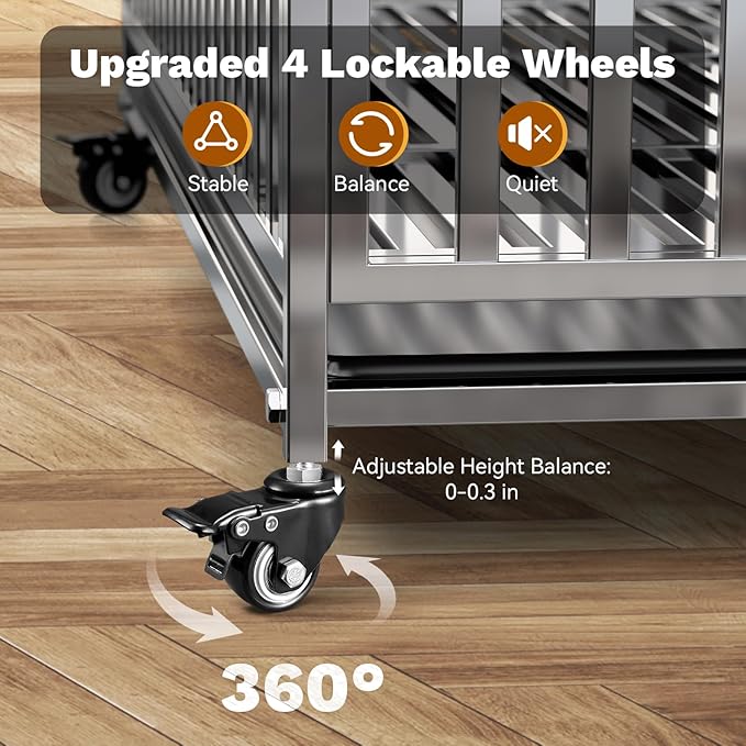 42" Heavy Duty Dog Crates for Large Dogs, Upgraded 4 Lockable Wheels, Stainless Steel Kennel Dog Kennel Indoor, Max Load 300Lbs, Easy to Clean, Escape Proof, XL Dog Cage for High Anxiety Dogs