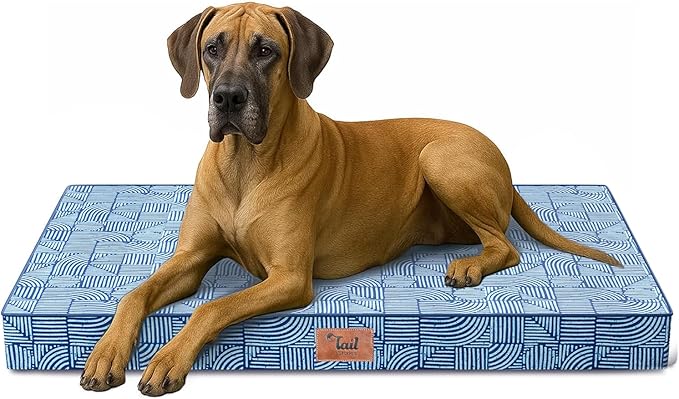 Outdoor Extra Large Dog Bed, Jumbo Waterproof Dog Bed for Large Size Dogs, Orthopedic Egg Foam Pet Bed Mat with Removable Oxford Cooling Cover, White Blue