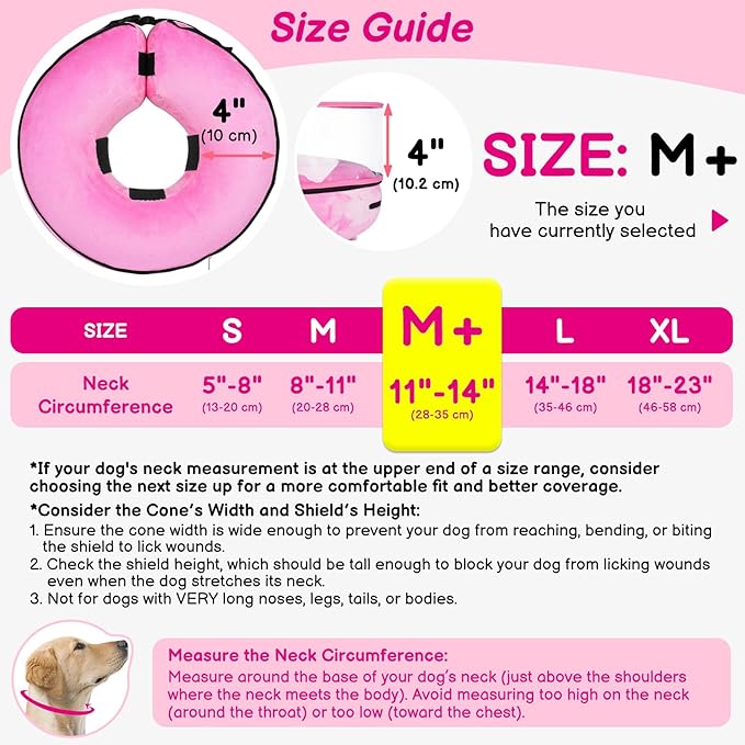 BARKLESS Inflatable Dog Cone, Protective Dog Surgery Collar to Stop Licking Biting Wounds, Patented Soft Donut Cone with Clear Shield, Adjustable Blow-up Collar for Surgery Recovery (Pink, M+)