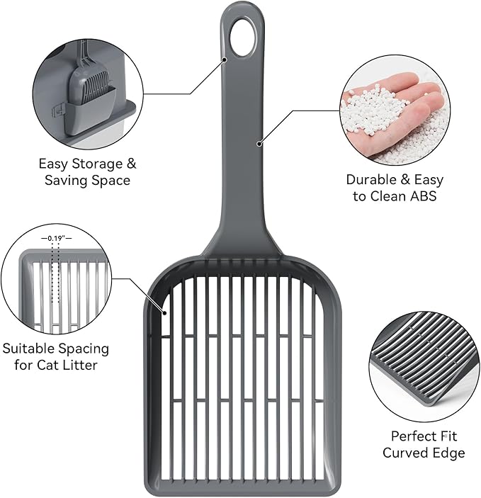 Large Cat Litter Scoop, fits All Boxes, Fast sifting for Kitten Poop, Reduces Hand Fatigue, Saves Litter, speeds scooping. Includes Holder.