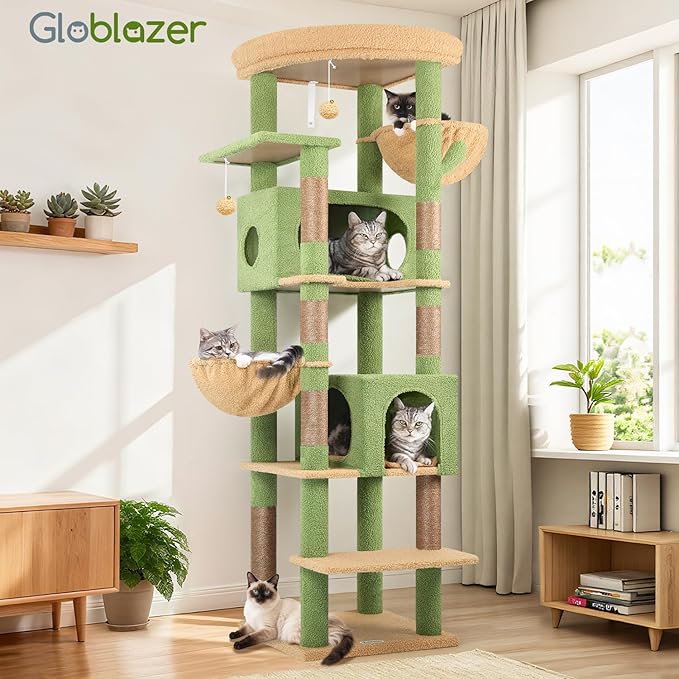 Globlazer Cactus Heavy Duty Cat Tree, 74in Tall Sturdy Cat Tower for Large Cats Adult Big Cat Tree with 7 Scratching Posts, 2 Padded Spacious Condos, 2 Hanging Baskets, Enlarged Top Perch, S74, Green