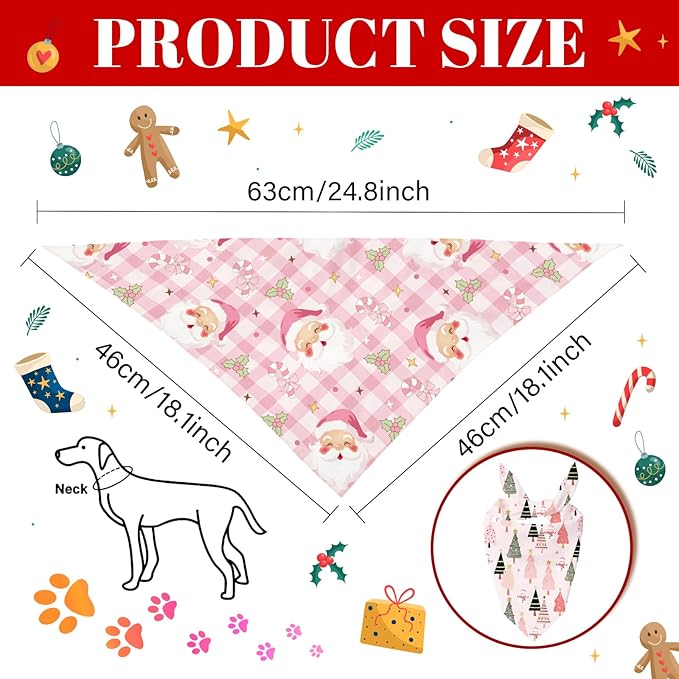 Pink Christmas Dog Bandanas 2 Pcs, Pink Pet Scarf for Dog Girl, Cute Triangle Puppy Scarf Kerchief Bandana Small Medium Pet Dogs On Xmas, Christmas Father Xmas Tree Print Gifts for Dogs Lovers