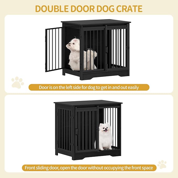 27.2" Dog Crate Furniture with Barn Door, Heavy Duty Dog Kennel Indoor with 2 Doors, Wooden Pet Cage End Table for Small Medium Dogs up to 22 lb, Anti-Chew Anti-Escape, Black DFC84304B