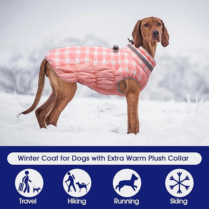 FUAMEY Dog Coat for Small Dogs,Waterproof Dog Winter Jacket with Harness Built in Puppy Cold Weather Coats Reflective Pet Vest with Zipper Warm Fleece Dogs Snowsuit Windproof Pink Plaid XS