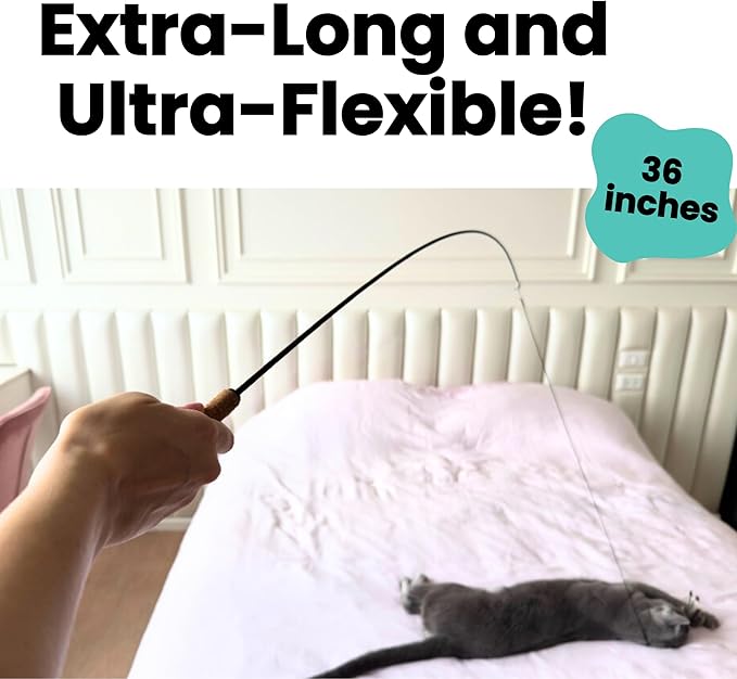 Forever Stick - The Unbreakable Cat Teaser Wand, Extra Long Durable Interactive Toy for Indoor Cats, Cat Fishing Pole Toy for Bored Indoor Adult Cats, Feather String Toy On Stick Enrichment