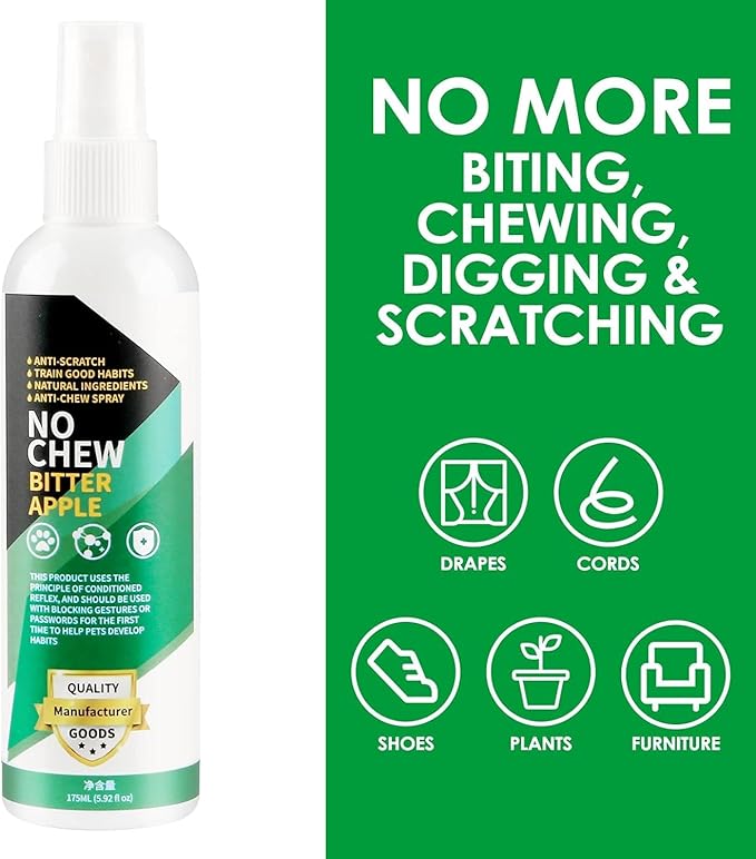 Bitter Apple Spray for Dogs to Stop Chewing, 175ML No Chew Spray for Dogs, Natural Dog Deterrent Spray for Pet Behavior Training, Indoor & Outdoor Safe, Alcohol Free/Non-Toxic/No Sting & No Smell