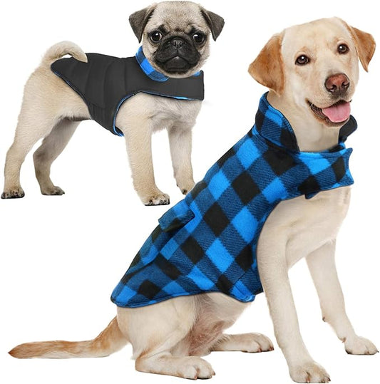 AOFITEE Dog Coat Plaid Dog Winter Coat for Large Dogs, Warm Dogs Jacket Christmas Sweater, Waterproof Pet Puffer Jacket, Reversible Pet Cold Weather Coats for Small Medium Large Pets, Blue XL