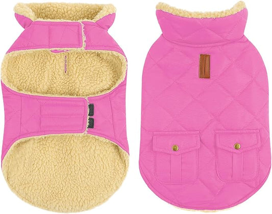 Queenmore Dog Winter Coat - Fleece Jacket, Waterproof Cold Weather Dog Clothes, Thick Warm Cotton Padding, Easy On Storage Pockets (Pink, Small)