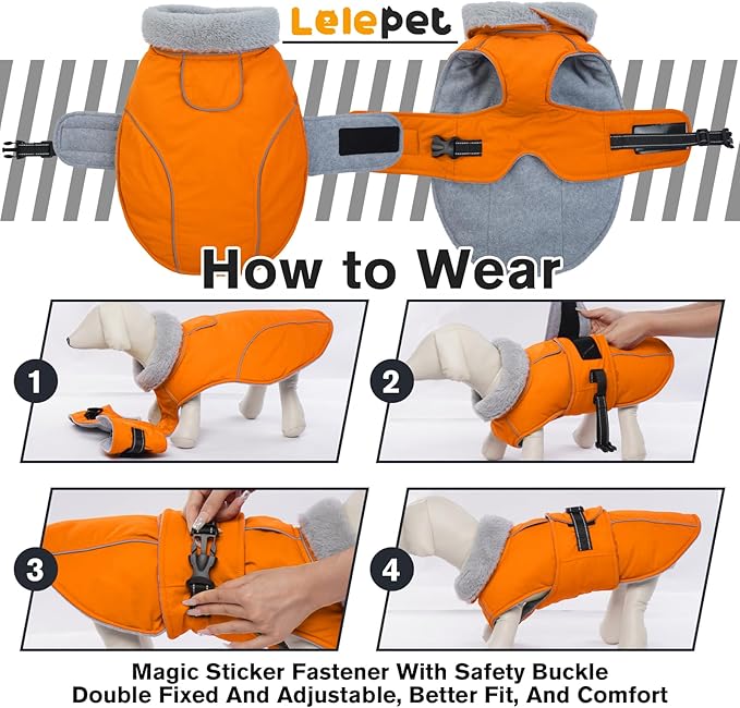 Lelepet Warm Dog Coat Reflective Fleece Vest Waterproof Dog Jacket with Adjustable Buckle Hook & Loop Windproof Cold Weather Coats for Small Medium Large Dogs, Orange, XXL