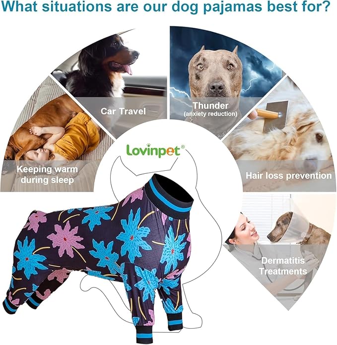 LovinPet Dog Recovery Bodysuit for Medium Dogs Girl, Lightweight Stretchy Fabric, Black, Turquoise Leaf Print, 2XL Surgery Recovery PJs, Easy to Wear Adorable Bodysuit
