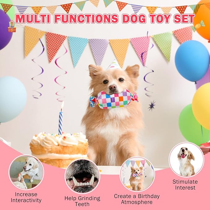 SCENEREAL Dog Birthday Squeaky Toy Set, 5 Pcs Stuffed Plush Pet Toys Birthday Gift for Dogs Boys and Girls Birthday Party, Cute Durable Interactive Puppy Teething Chew Toys for Small Medium Dogs