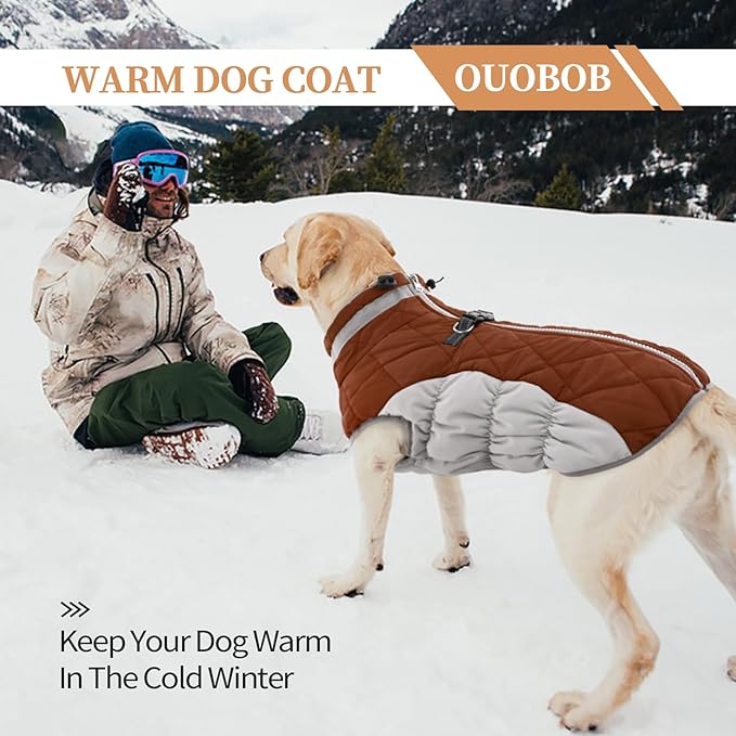 Winter Dog Coat,Large Dog Jacket,Waterproof Pet Jacket with Back Zipper,Pet Coat with Harness Built in,Warm Dogs Coat with Fleece Lined,Snow Jacket Clothes French Bulldog Shiba Inu,Brown,L