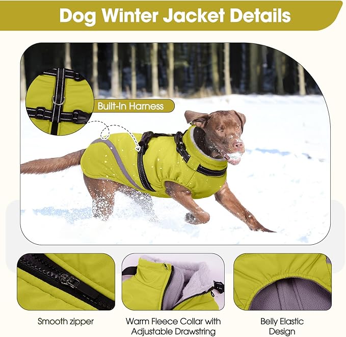 BRKURLEG Dog Winter Jackets for Small Dogs, Dog Coat with Harness Built in, Dogs Snowsuits with Zipper, Waterproof Windproof Pet Puffer Jacket Fleece Vest for Shih Tzu, Maltese, Green S