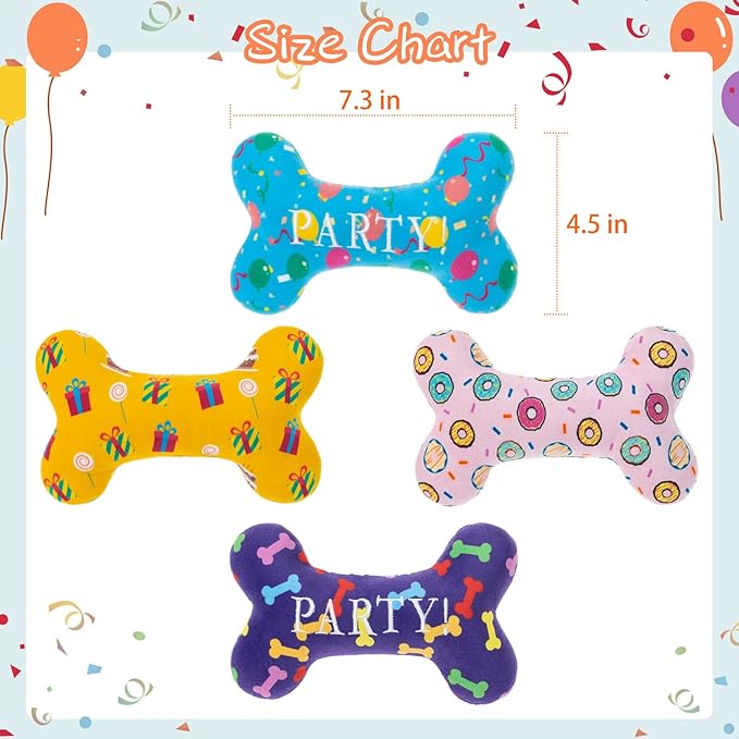 SCENEREAL Dog Birthday Party Gift Squeaky Dog Toys - 4 Packs Pet Plush Toy Durable Cute Bone Interactive Dog Stuffed Toys with Squeaker Chew Toys for Small Medium Dogs Puppies (Bone Pattern)