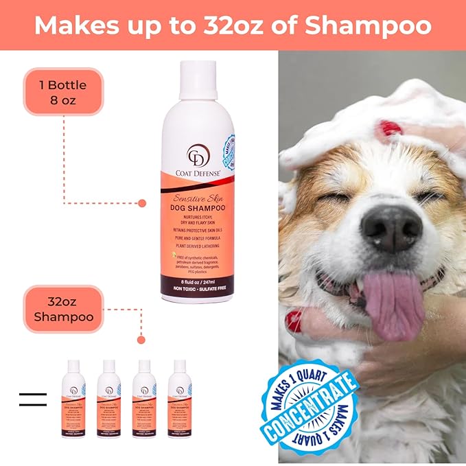 COAT DEFENSE Sensitive Dogs Shampoo | Made in USA | All-Natural Hypoallergenic - Soothes and Relieves Itchy & Dry Skin | 8 Ounces Concentrated Makes 32 Ounces