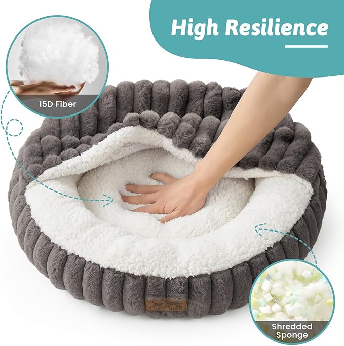 Cat Bed with Hooded Blanket, Round Fluffy Anti-Anxiety Pet Bed for Cats/Small Dogs, Cozy Donut Cuddler with Machine Washable Faux Fur & Anti-Slip Bottom(23"×23"×6",Grey)