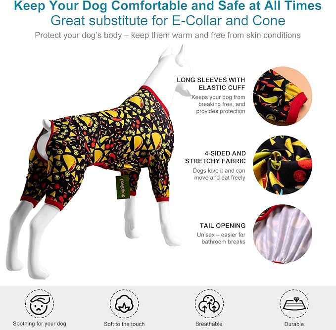 LovinPet Giant Dogs Pajamas Onesies, Big Dog Onesie Post Surgery Wear, PJS for Pitbulls, Lightweight Pitbull Dog Pullover Pajamas, Full Coverage Dog Pjs, Black Taco Print, Pitbull Clothes, XL