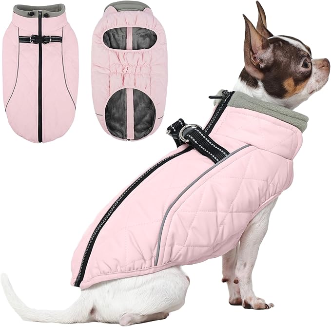 QBLEEV Dog Coat for Small Dogs, XS Dog Winter Coat Waterproof Jacket with Built-in Harness, Puppy Cold Weather Coats Reflective Vest with Zipper, Windproof Warm Fleece Dogs Snowsuit, Pink