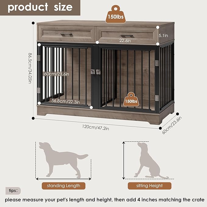 Dog Crate Furniture 47" Wooden Dog Kennels for Dogs Indoor with a Removable Divider for Large/Medium/Small Dogs, 2 Storage Drawers and Large Tabletop Dog Cages Double Doors Dog House, Rustic