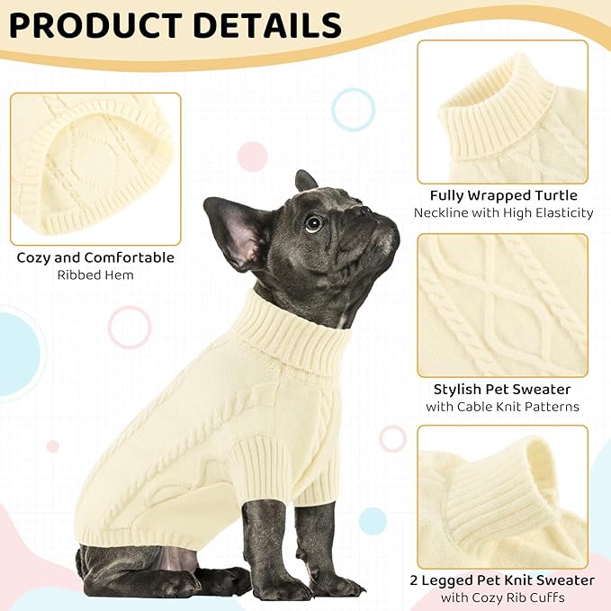 Queenmore Small Dog Pullover Sweater, Cold Weather Cable Knitwear, Classic Turtleneck Thick Warm Clothes for Chihuahua, Bulldog, Dachshund, Pug (White, Small)