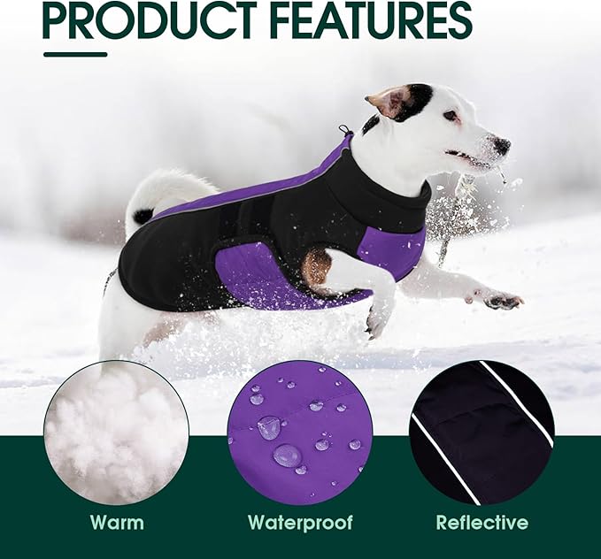 Kuoser Dog Jacket, Warm Dog Coats for Small Dogs, Reflective Doggie Winter Jacket Cold Weather Pet Coats with Leash Hole, Winter Coat Apparel for Yorkie Chihuahua, Purple XS