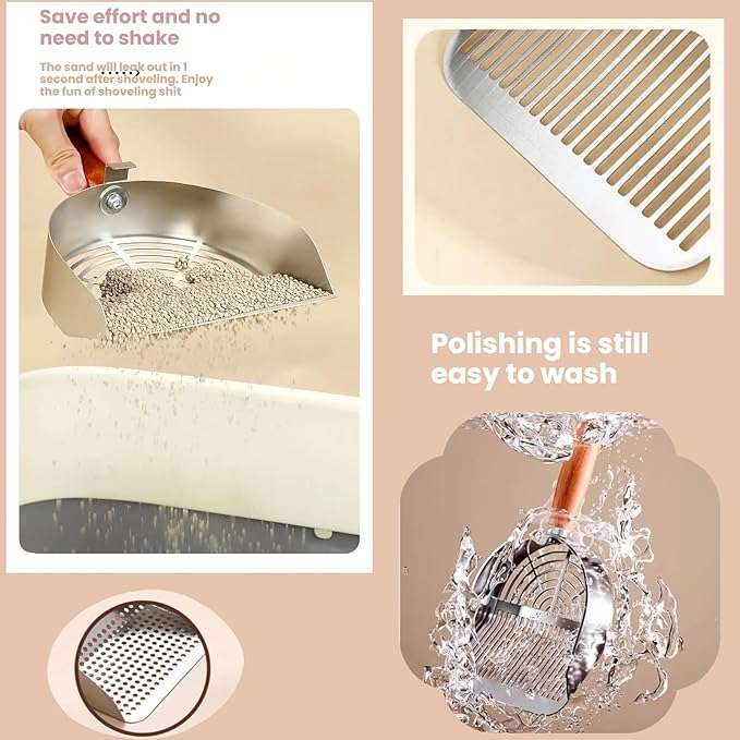 Heavy Duty Aluminum Alloy Cat Litter Scoop with Stand | Beech Wood Grip + Long Handle for Comfort | Deep Sifter for Fast, Efficient Poop/Litter Cleaning | Durable for Litter Box (Round Hole Row)