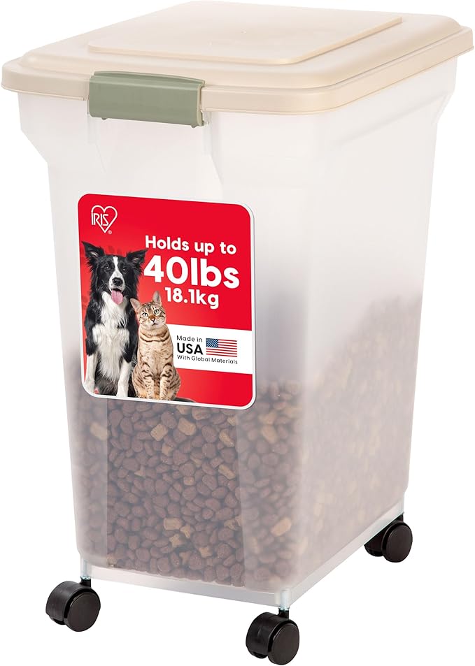 IRIS USA Airtight Dog Food Storage Container, WeatherPro, Up to 40 lbs, Removable Wheels, for Dog Cat Bird and Other Pet Food Storage Bin, Keep Fresh, Translucent Body, Made in USA, Clear/Almond