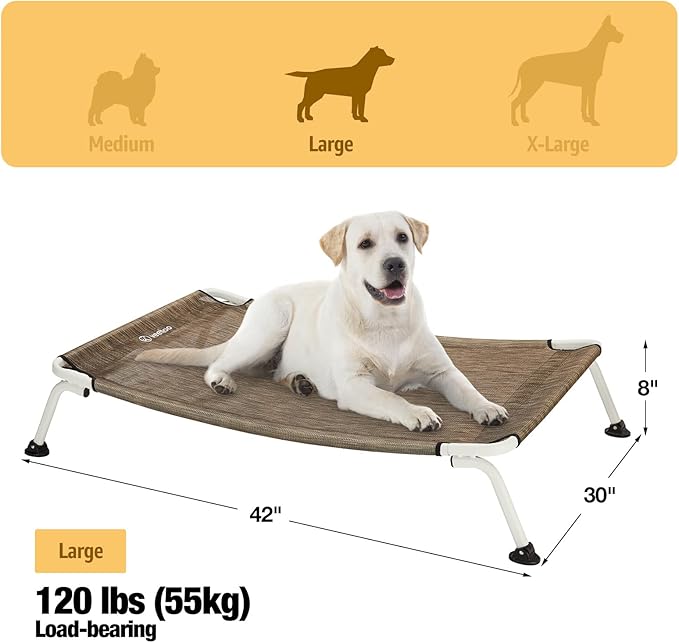 Veehoo Elevated Dog Bed for Outdoor, Cooling Waterproof Raised Dog Cots Beds for Large Dogs, Curved Off Ground Pet Hammock Cot Lifted for Outside, up to 85lbs, White Legs, Brown 42"
