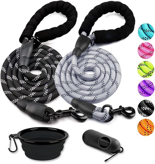 COOYOO 2 Pack Dog Leash 4 FT Heavy Duty - Comfortable Padded Handle - Reflective Dog Leash for Medium Large Dogs with Collapsible Pet Bowl