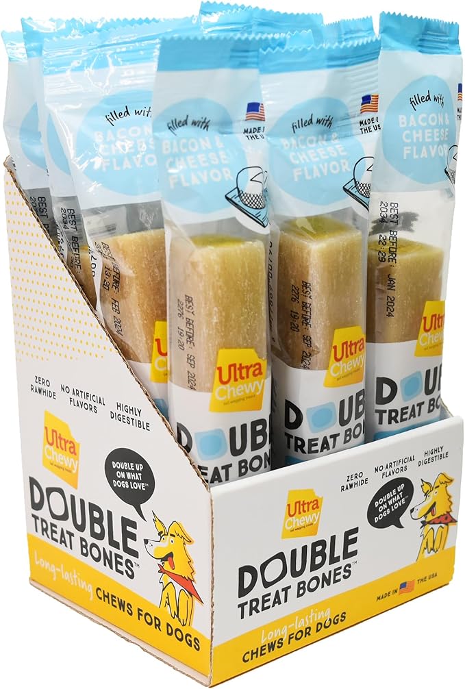 Ultra Chewy Bacon and Cheese Double Treat Bones: Long-Lasting Dog Treats Made in USA for Large and Small Breeds, Highly Digestible, Ideal for Aggressive Chewers (12 Count)