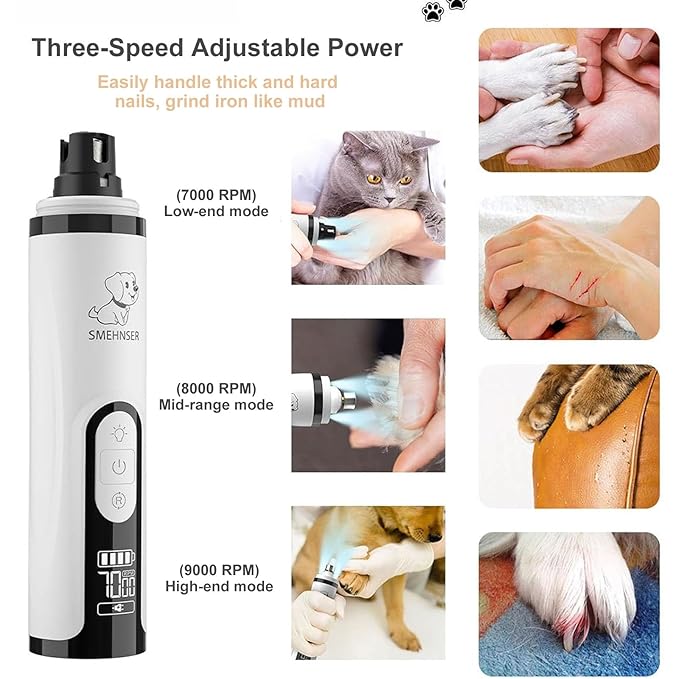 Heusom Silent Groom Pro Nail Grinder, 2025 New Heusom Nail Grinder for Dogs and Cats with LED Light & 3 Speeds, 2000mAh USB Rechargeable Dog Nail Trimmer for Thick Nails (1pc+2 Heads)