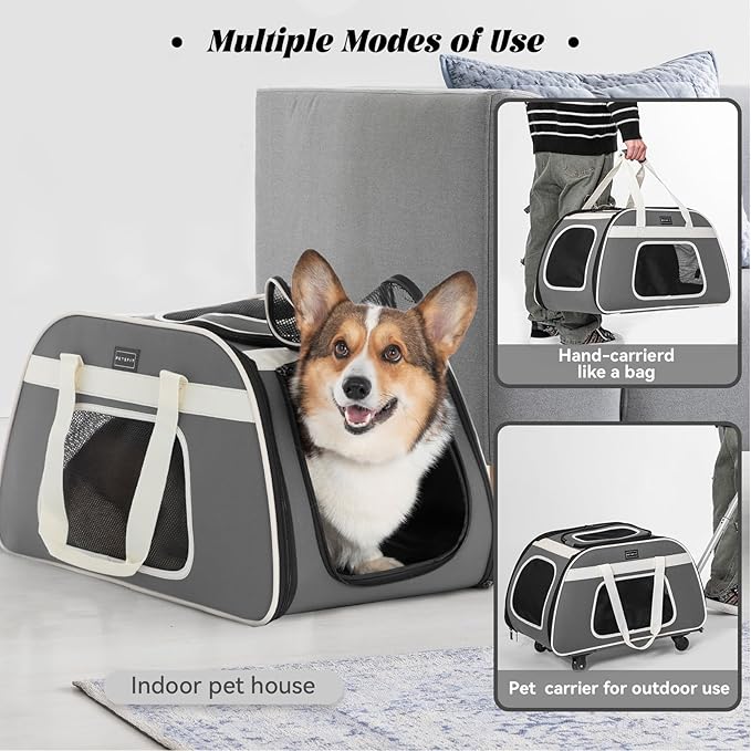 PETSFIT Large Pet Carrier with Wheels Designed for 2 Small Dogs/Multiple Kittens/Medium Dogs with Adjustable Safety Rope & Waterproof Bottom(𝑵𝒐𝒕 𝒂𝒊𝒓𝒍𝒊𝒏𝒆 𝒂𝒑𝒑𝒓𝒐𝒗𝒆𝒅)
