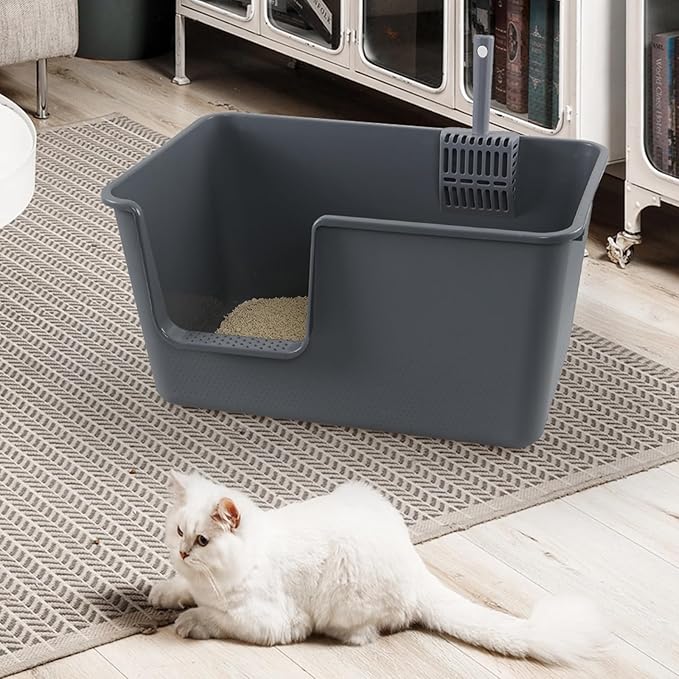 Gloreen 2-Pack Plastic High Sides Cat Litter Box, Open Top Cat Litter Box with Scoop, Grey