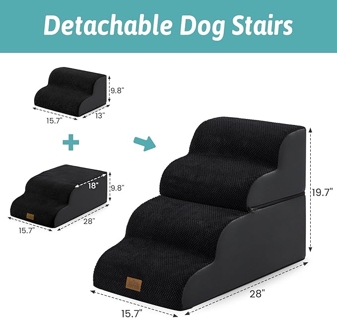 Dog Stairs for Small Dogs 19.7" H, Detached Dog Step for Puppy or Older Cat, Ramp for Bed, Sofa, Couch or Chair, Ladder with High Density Foam, 15.7x28.3x19.7 inch, 4 Step, Black