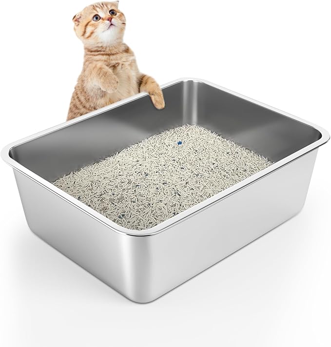 Stainless Steel Litter Box - Cat Litter Box Easy to Clean, Never Absorbs Odor, Stains, or Rusts - Silver (17.7" L x 13.5" W x 6" H)