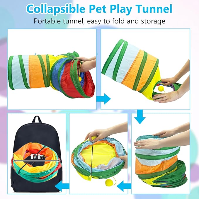 BNOSDM Bunny Tunnel, Collapsible 3 Way and S-Type Rabbit Tunnels Tubes, Small Animal Activity Tunnel Toys with Chew Toys for Indoor Rabbit Bunny Guinea Pigs Ferret Kitten