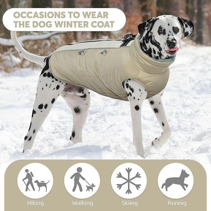 IDOMIK Warm Dog Coat with Harness, Waterproof Reflective Dog Jackets for Small Medium Large Dogs, Fleece High Collar Winter Jacket with Zipper, Pet Winter Snowsuit Clothes for Cold Weather,Khaki L