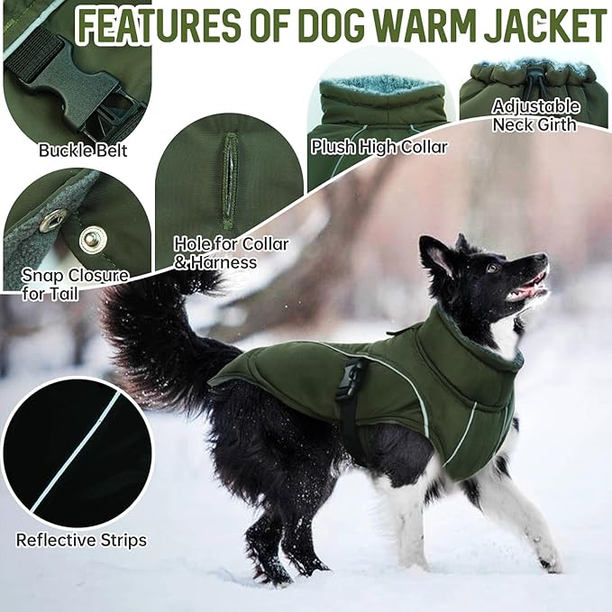 DENTRUN Medium Dog Winter Jacket - Warm Reflective Windproof Coat, Adjustable Neck & Snap Closure, Water Repellent Thick Fleece Vest, Fleece Lined for Beagle Pug, Army Green, M