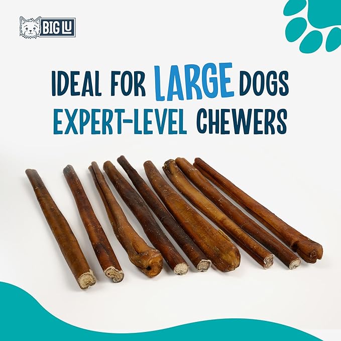 Big Lu - Bully Sticks (12” Jumbo, 10 Count) Weight-Packaged, 100% Beef Chews, Grass-Fed, Fully Digestible Treats for Keeping Puppies, Small, and Medium Dogs Busy