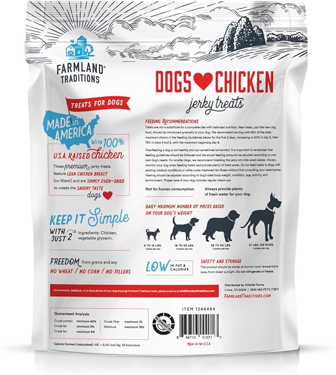Farmland Traditions Dogs Love Chicken Jerky Dog Treats, Premium Two-Ingredient Dog Jerky with USA-Raised Chicken, 3-Pound Bag