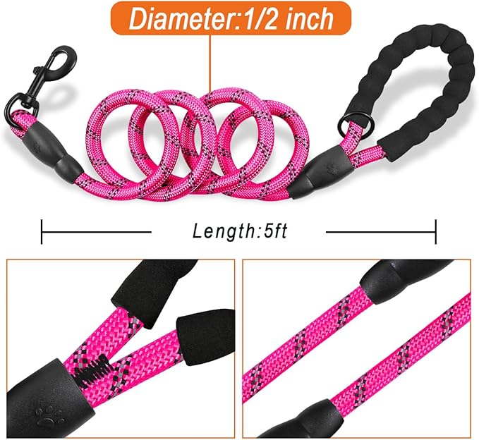 BARKBAY Dog Leashes for Large Dogs Heavy Duty Dog Leash 2 Pack 5 FT with Comfortable Padded Handle Highly Reflective Threads for Medium Large Dogs Walking Training Running (5FT-1/2,Fushcia+Black)
