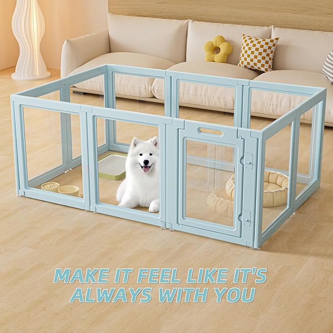 DIY Clear Acrylic Dog Playpen House,Quick Easy Assembly and Disassembly,Strong Floor Suction,Indoor and Outdoor Use,Easy Cleansing Puppy Fence (Sky Blue, 30.3" H, 12PCS)