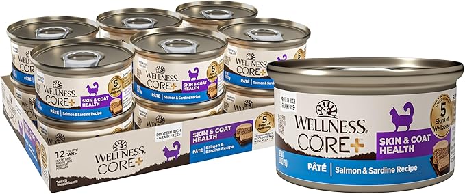 Wellness CORE+ Skin & Coat Pate Adult Wet Cat Food, Natural, Protein-Rich, Grain Free, 2.8 Ounce, 12 Pack (Salmon & Sardine)
