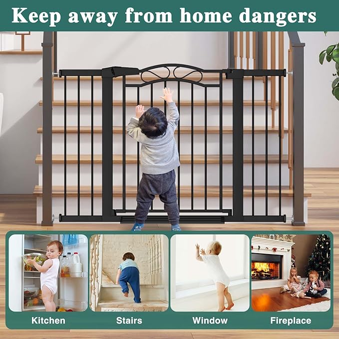 70.9"-76.3" Extra Wide Baby Gate for Stairs & Doorways, Pressure Mount Metal Pet Gates, Auto Close Walk Thru Safety Child Gate, Long Tension Dog Gate Indoor for The House, Black