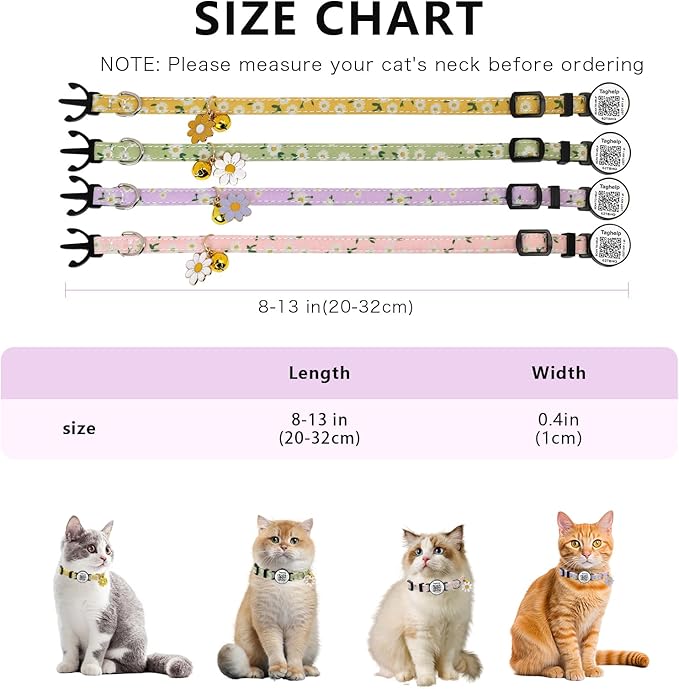 QR Code Breakaway Cat Collar 2-Pack, Safety Collar with Online Pet ID Profile, Flower Bell Collars for Lost Cat Prevention,Ideal for Girl Cats Boy Cats(Yellow&Green)