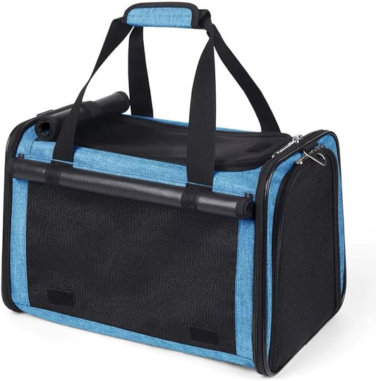 YUDODO 25 lbs Lightproof Airline Approved Cat Small Dog Carrier for Travel Bag Soft Sided Pet Puppy Carriers with Side Pockets & Reflective Mesh, Foldable Portable for Outdoor Car Large Lake Blue