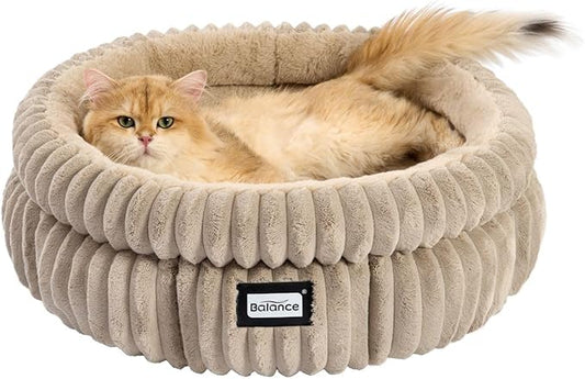 BALANCE Cat Bed Kitten Bed, Washable Round Cat Beds for Indoor Cats,Super Soft Plush Faux Fur Pet Bed for Puppy and Kitten with Anti-Slip Bottom