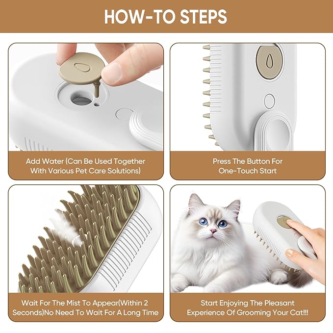 4-in-1 Steam Brush for Cats – Self-Cleaning Comb for Long and Short Hair Cats and Dogs, Steam Pet Brush for Hair Removal, Vibrating Message, Grooming & Relaxation (White)