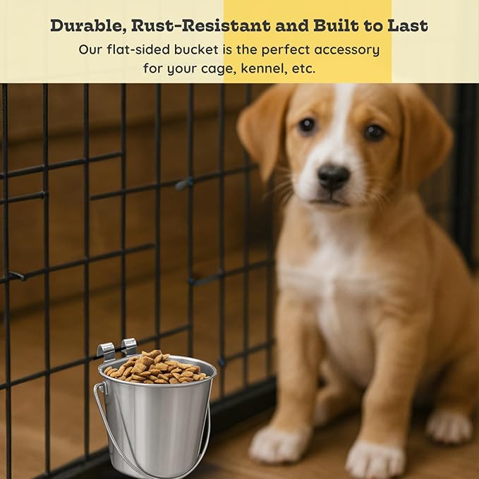 2 Quart Stainless Steel Flat Sided Pail with Dual Hooks | Hanging Bucket for Dog, Cat, Bird & Small Animals | Durable Food & Water Bowl Fits Kennels, Crates & Cages | Multipurpose Use
