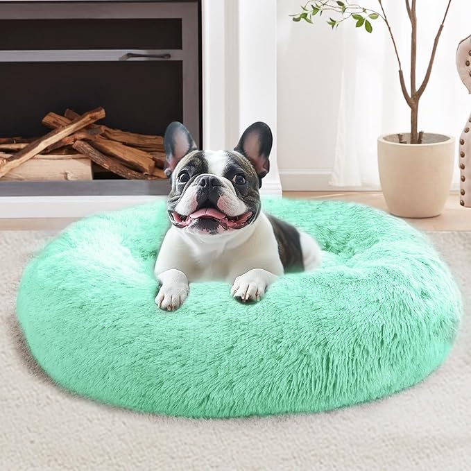 JOLLYVOGUE Medium Calming Dog Bed, Anti-Anxiety Donut Cuddler Cat Bed with Anti-Slip Bottom, Fluffy Faux Fur Machine Washable Pet Cushion for Medium Large Dog & Cat (31")